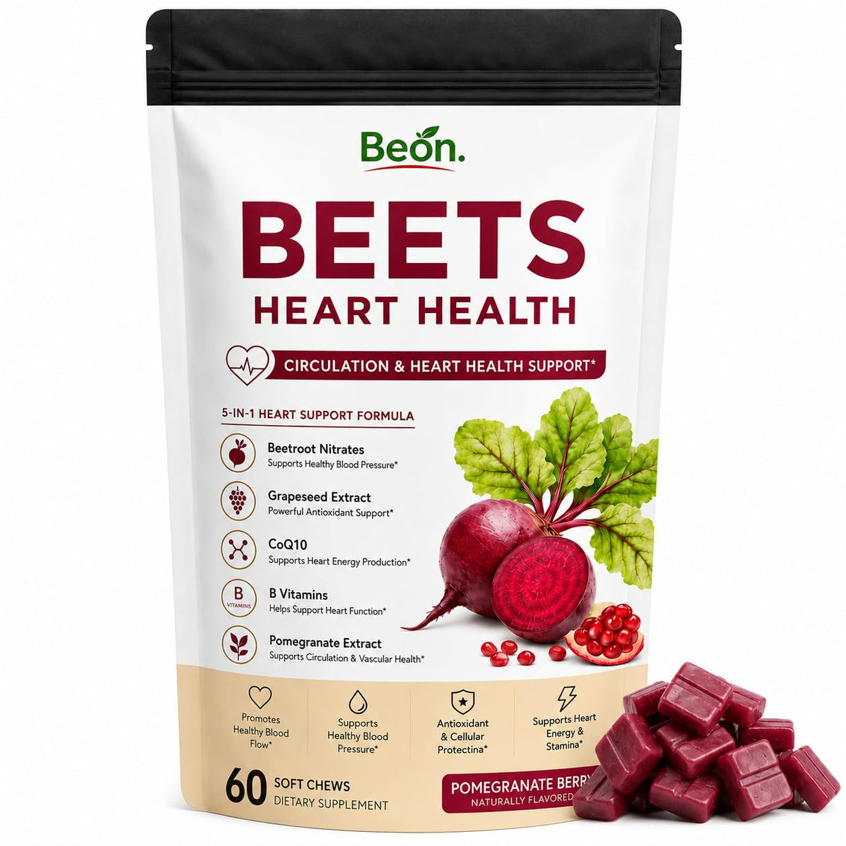 Beet Root Gummies with L-CoQ10 & Grape Seed, Sugar-Free Vegan, 60 Chew H109582