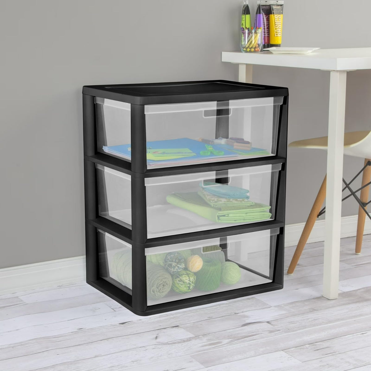 Black 3 Drawer Plastic Storage Organizer Tower with Clear Bins M1392