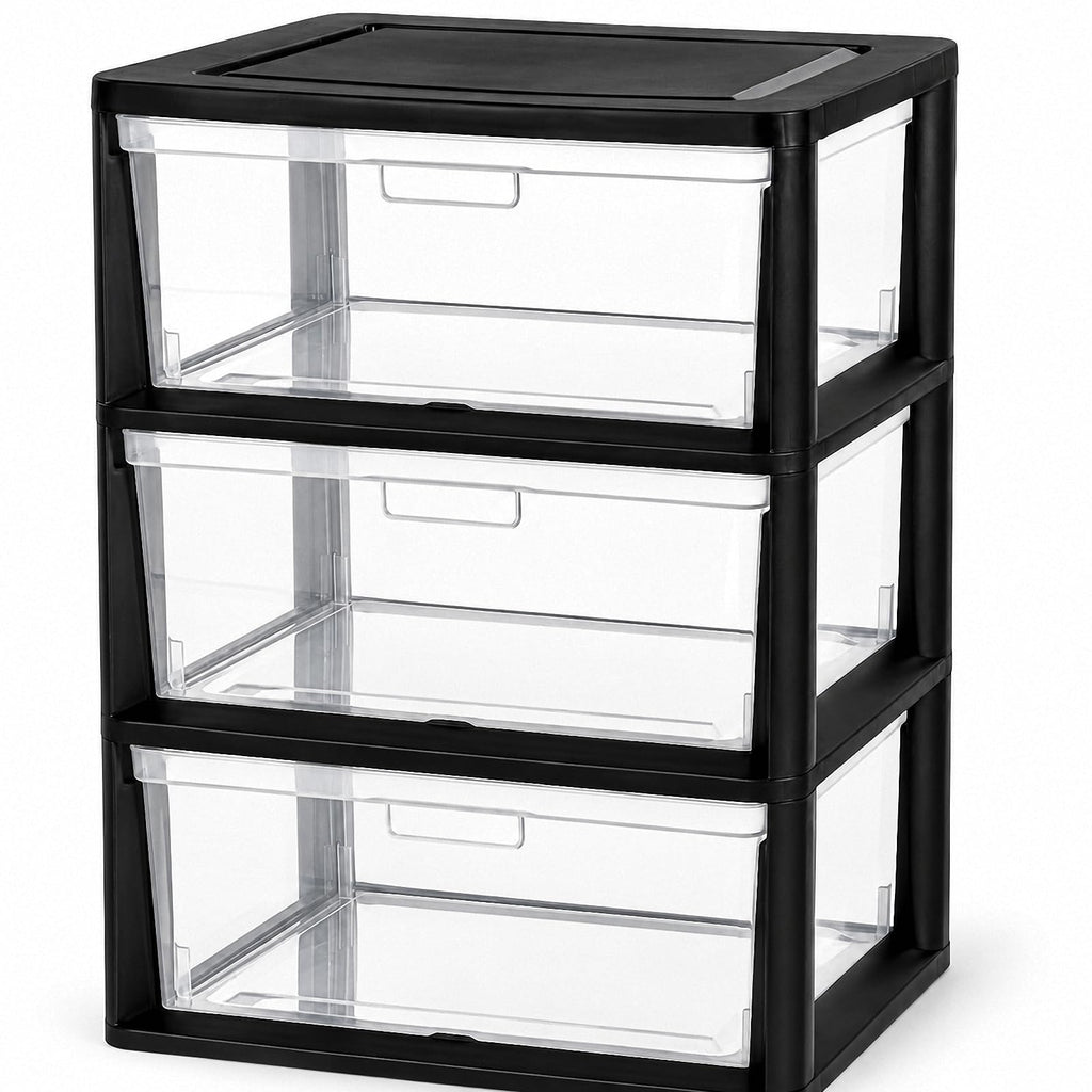 Black 3 Drawer Plastic Storage Tower with Clear Bins A956