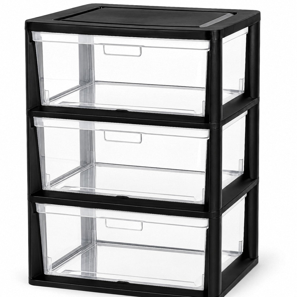 Black 3 Drawer Plastic Storage Tower with Clear Bins A956