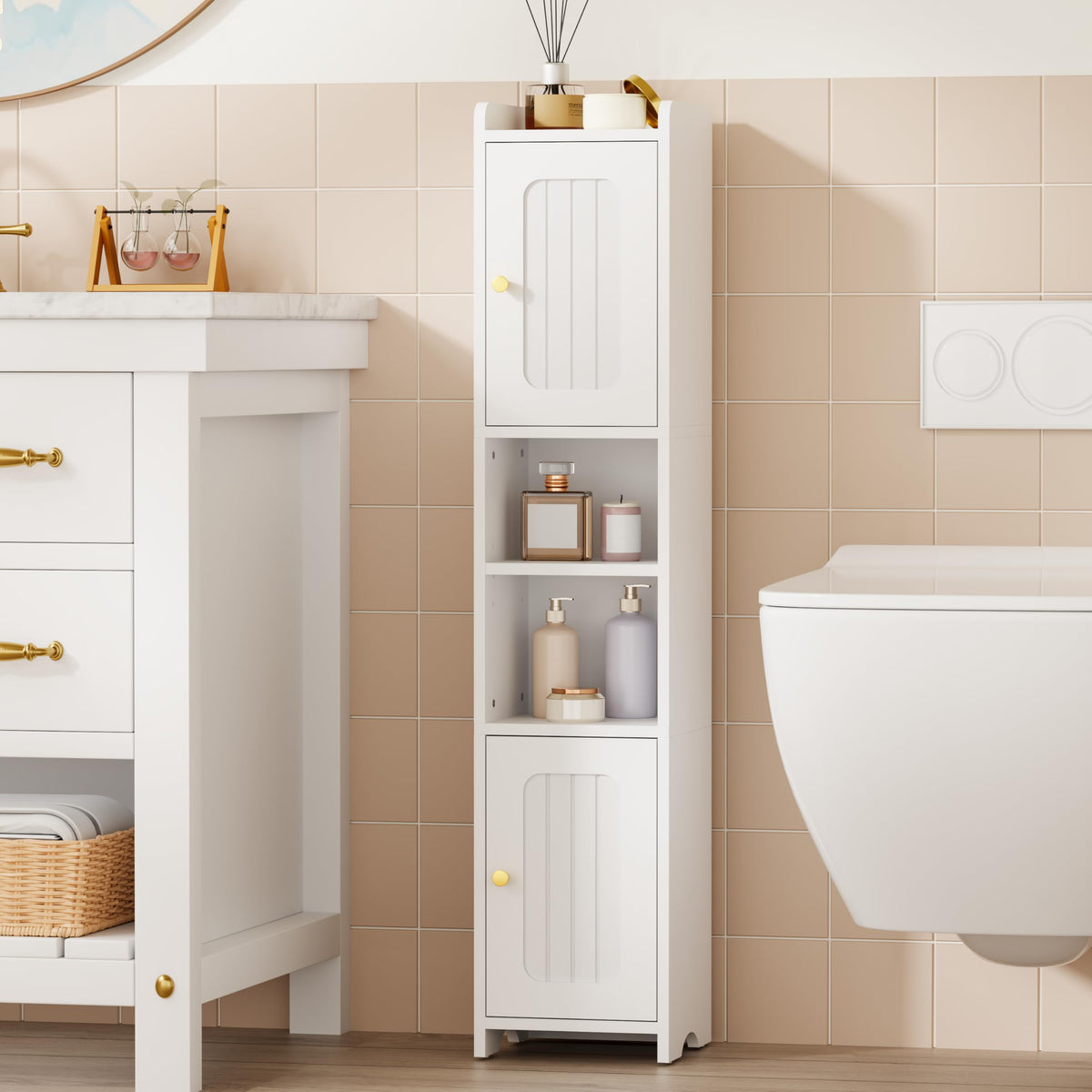 Slim Bathroom Storage Cabinet with 2 Doors and Adjustable Shelf Z989056