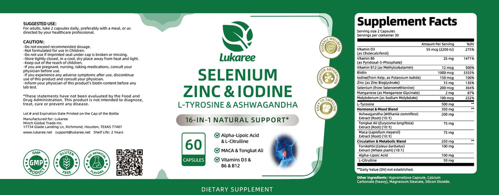 Selenium with Iodine, Zinc L-Tyrosine 500mg, Ashwagandha, 16-in-1 Multivitamin Formula, 90 Capsules H56154