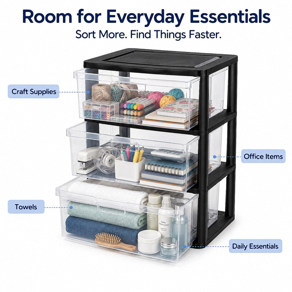 Black 3 Drawer Plastic Storage Tower with Clear Bins A956