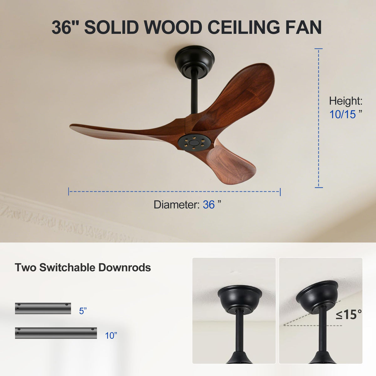 Solid Wood 3 Blade Ceiling Fan with Remote Wall Control H914577