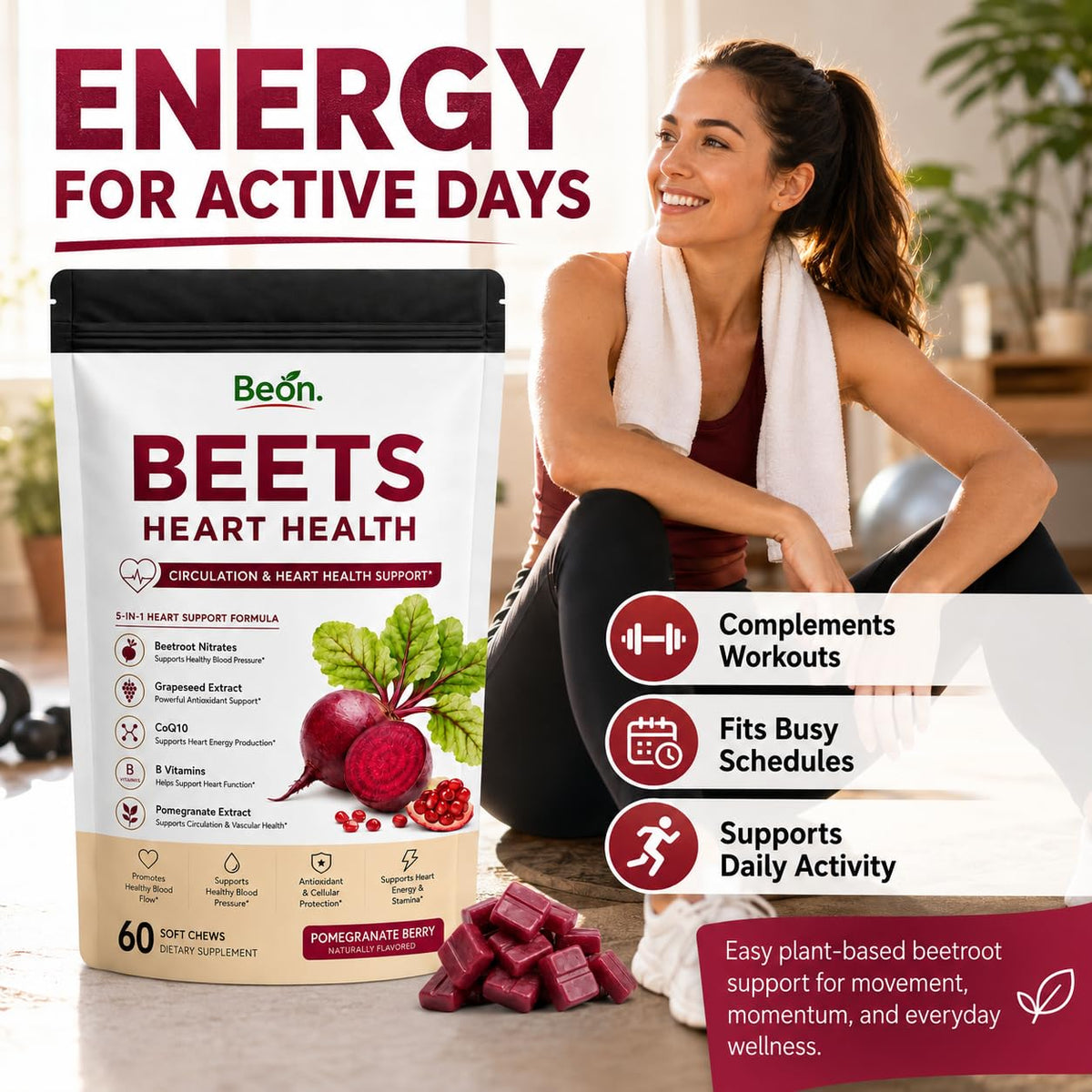 Beet Root Gummies with L-CoQ10 & Grape Seed, Sugar-Free Vegan, 60 Chew H109582