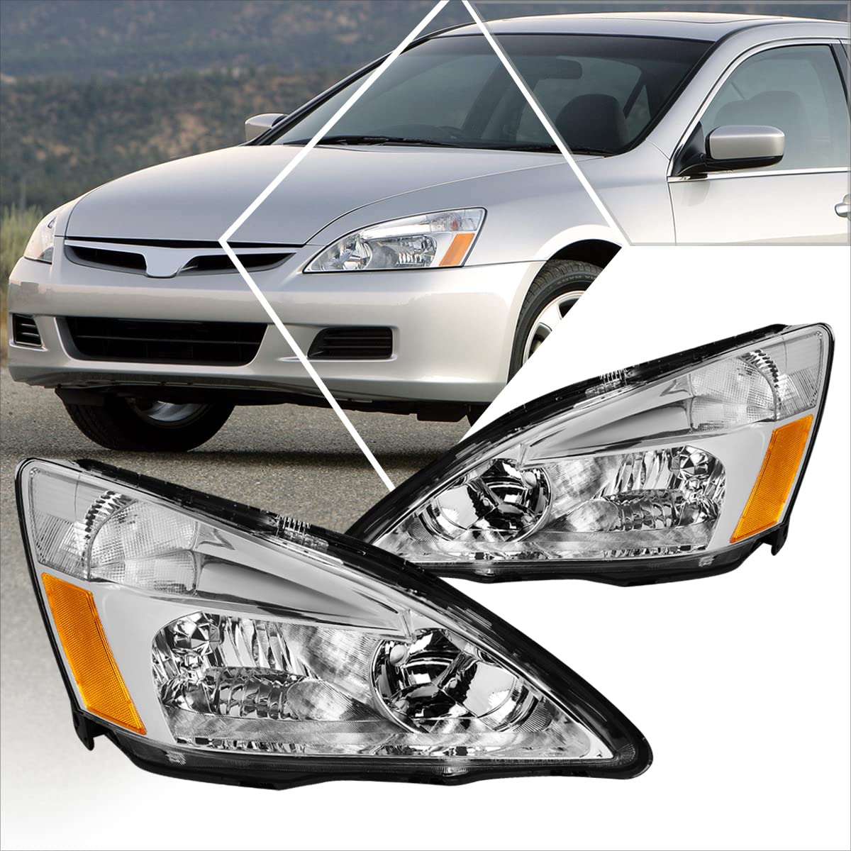 Headlights Assembly Pair of Halogen Headlamps with Chrome Housing Amber Corner B8970