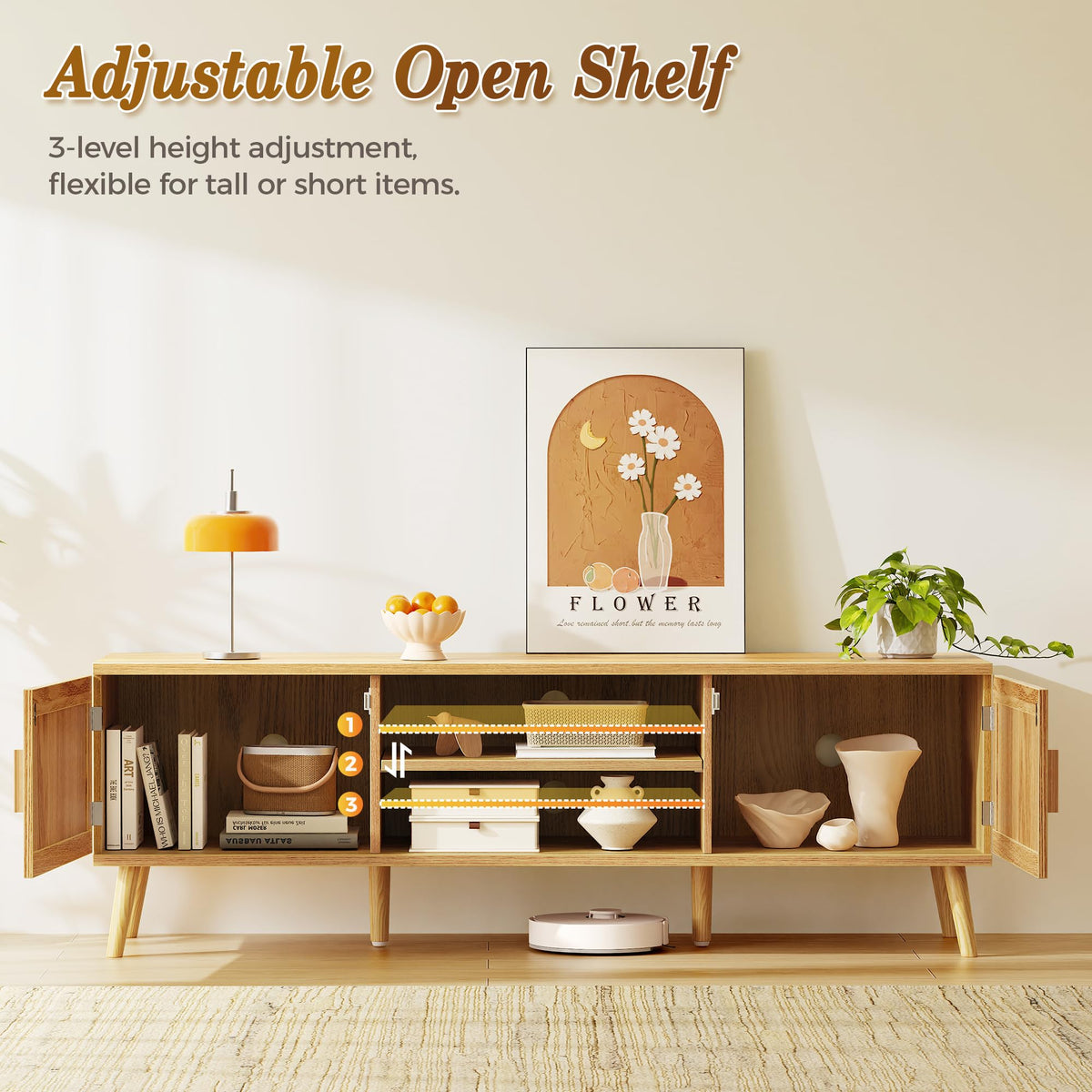 65 Inch Rattan TV Stand with Adjustable Shelf and 2 Cabinets K13081