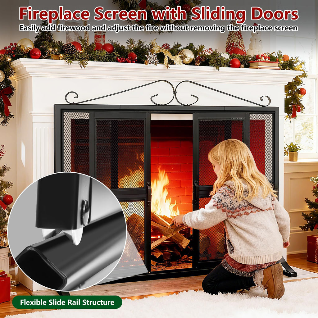 Hand-Forged Iron Fireplace Screen with Sliding Doors W2711