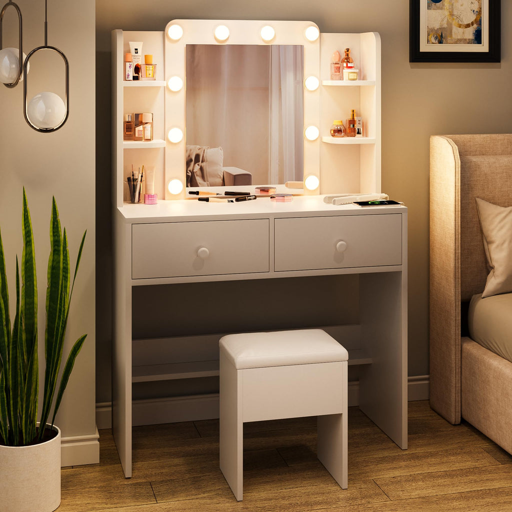 White Vanity Desk with Lighted Mirror and Chair X9113