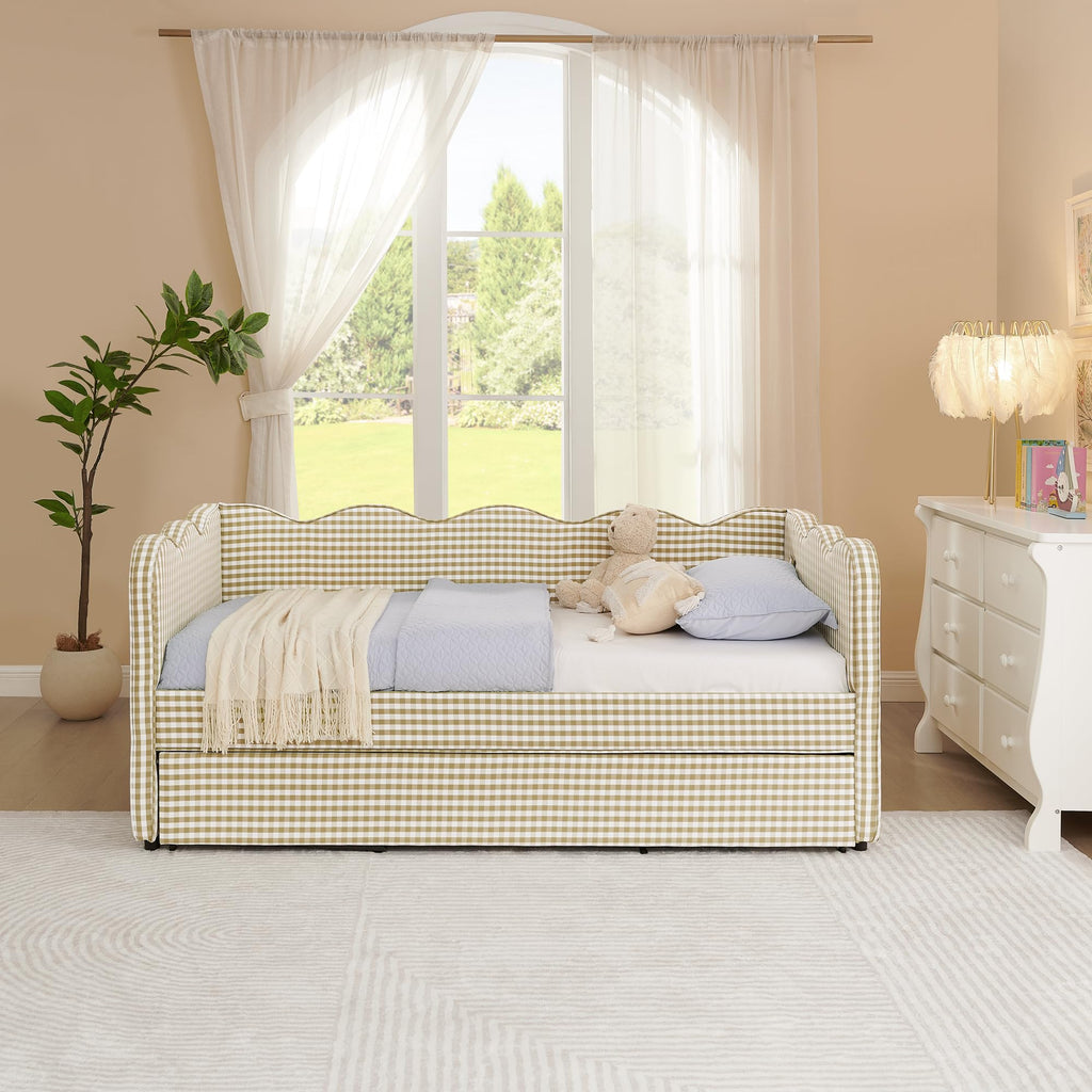 Twin Size Gingham Daybed with Trundle and USB Ports J85719