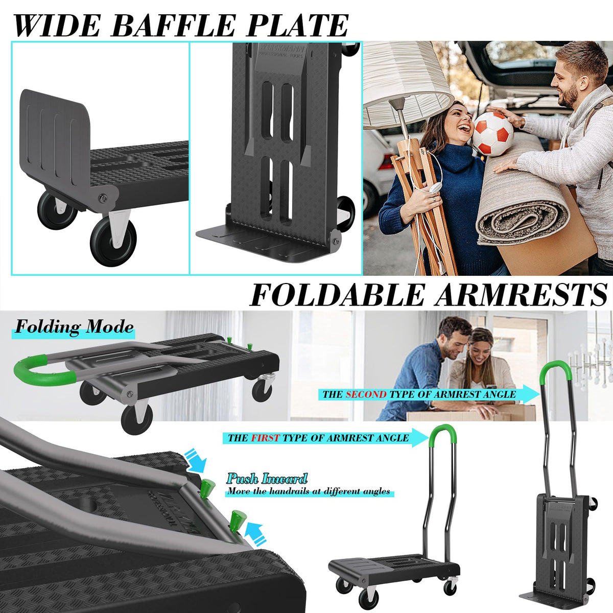 2-in-1 Convertible Hand Truck Dolly, 330LBS Capacity, Foldable Black & Dill Green F504