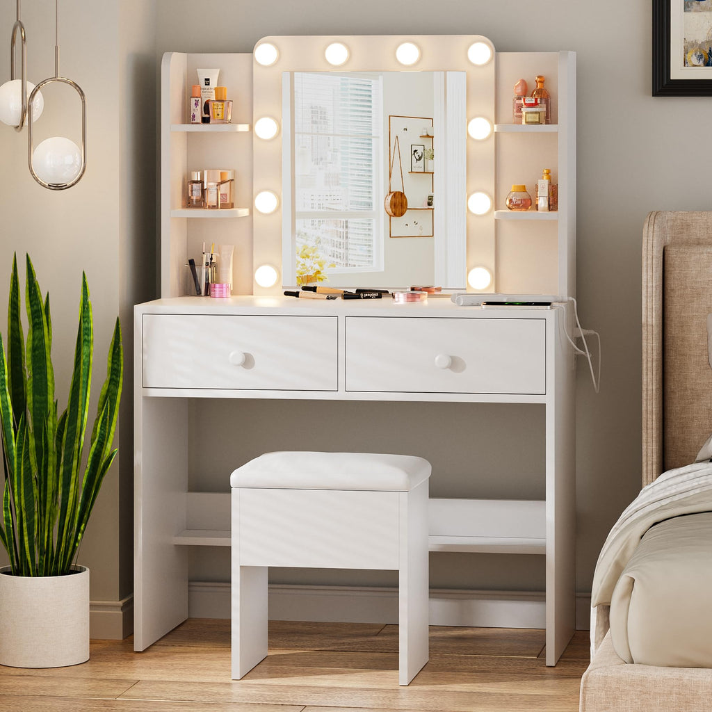 White Vanity Desk with Lighted Mirror and Chair X9113