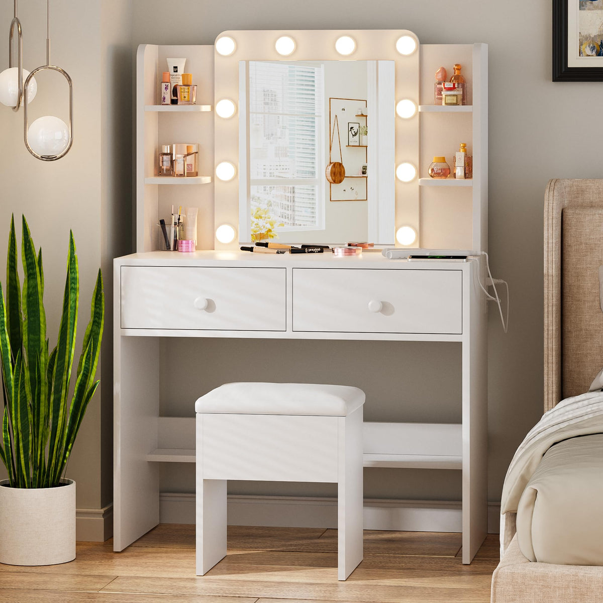 White Vanity Desk with Lighted Mirror and Chair X9113