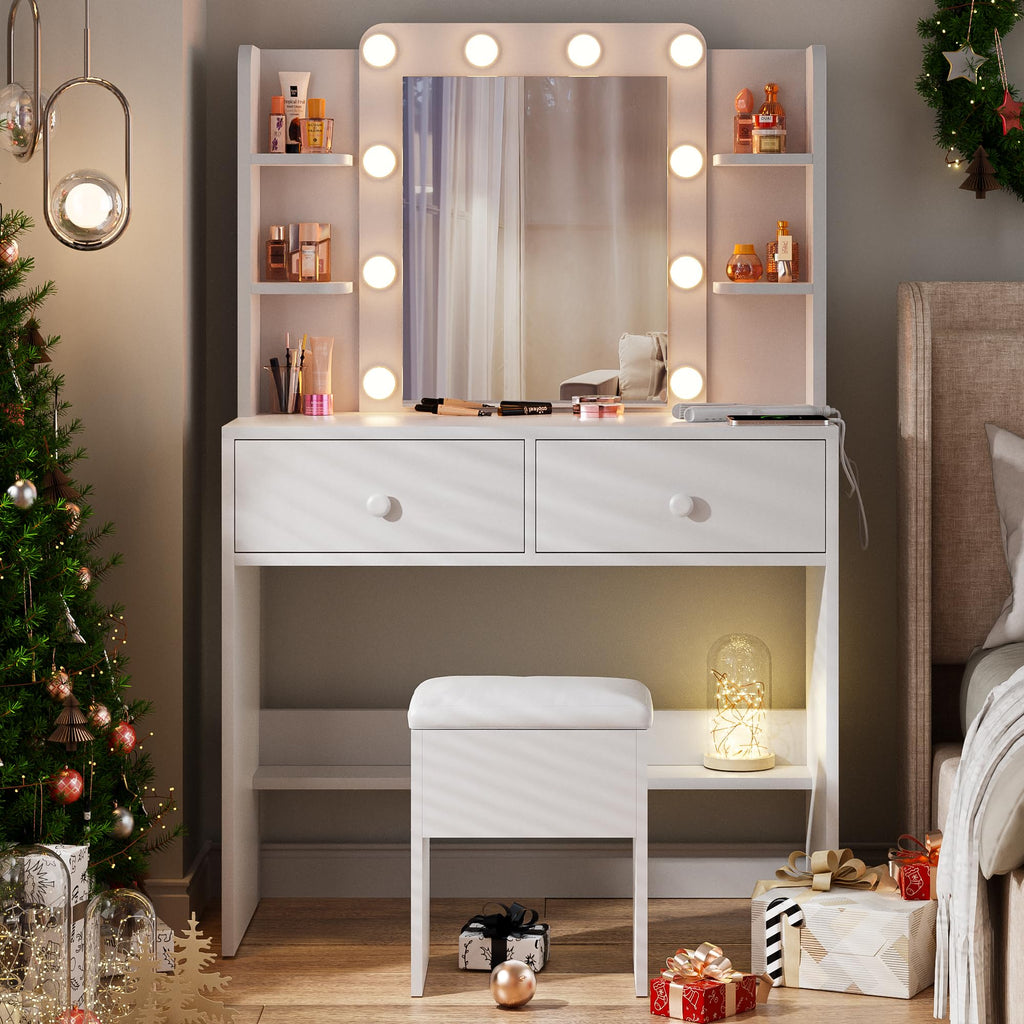 White Vanity Desk with Lighted Mirror and Chair X9113