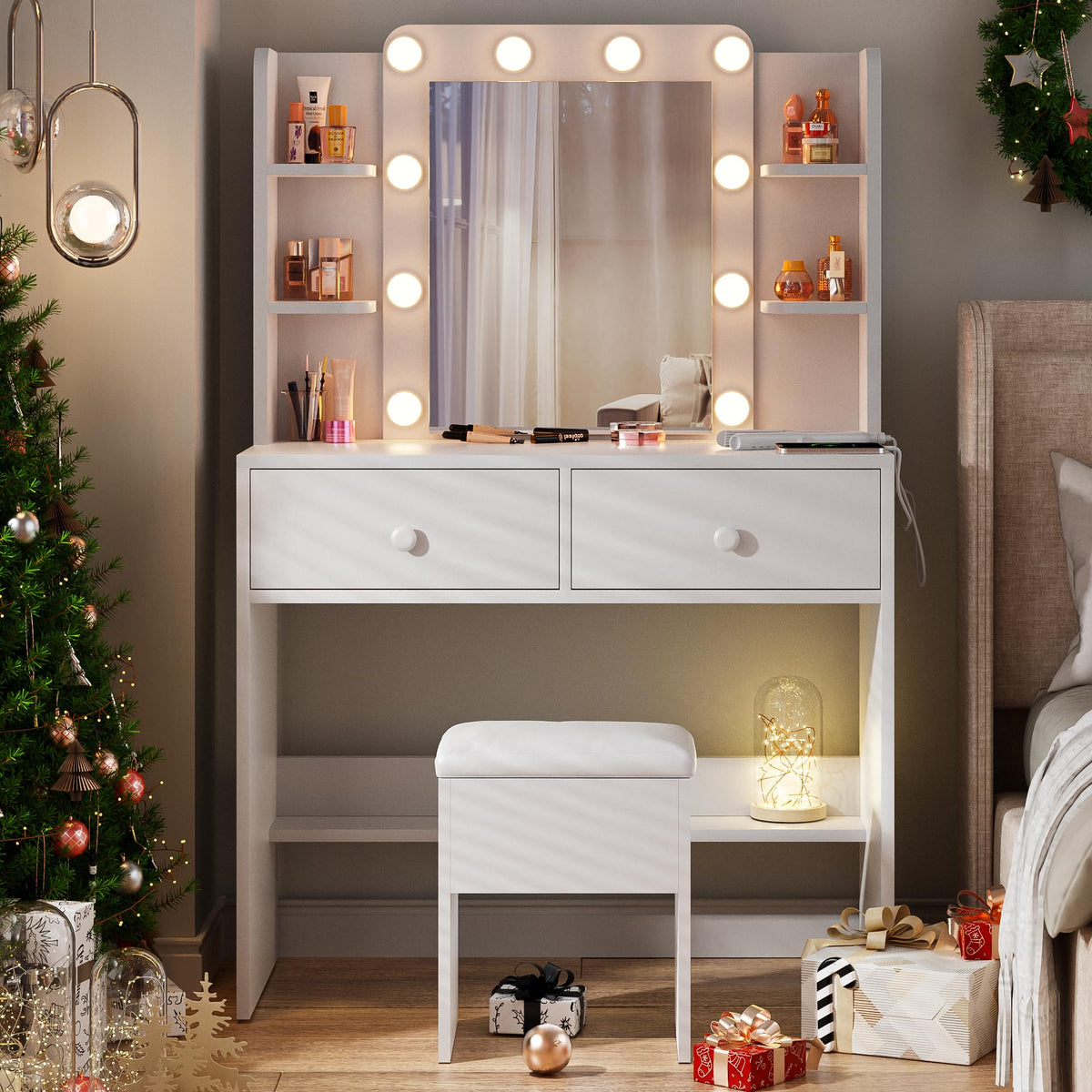 White Vanity Desk with Lighted Mirror and Chair X9113