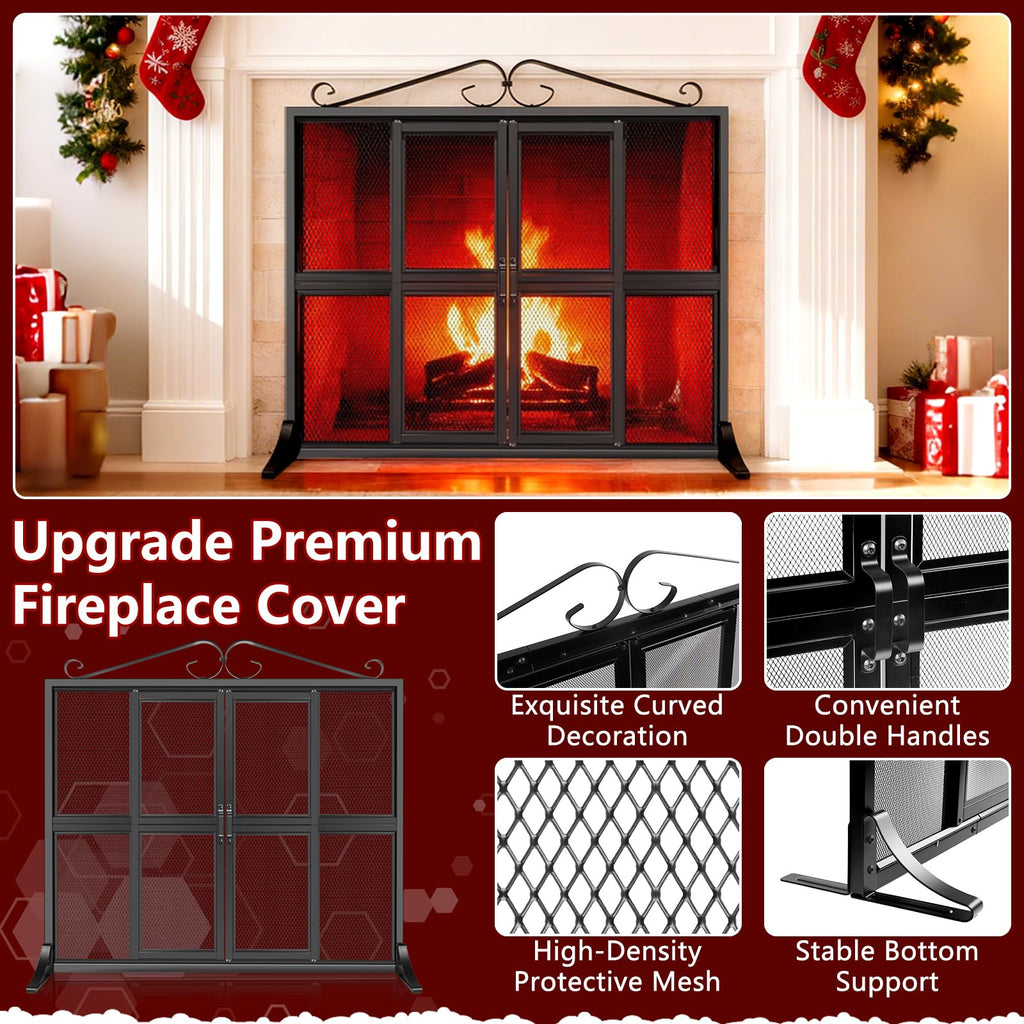 Hand-Forged Iron Fireplace Screen with Sliding Doors W2711