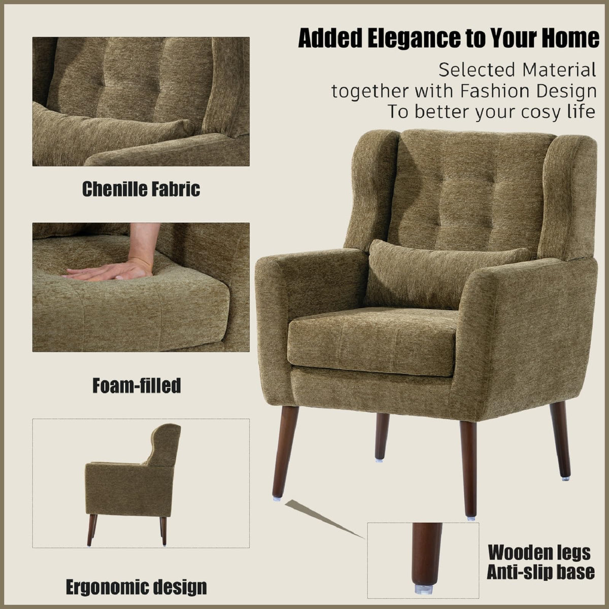 Olive Green Chenille Upholstered Accent Chairs Set of 2 U646944