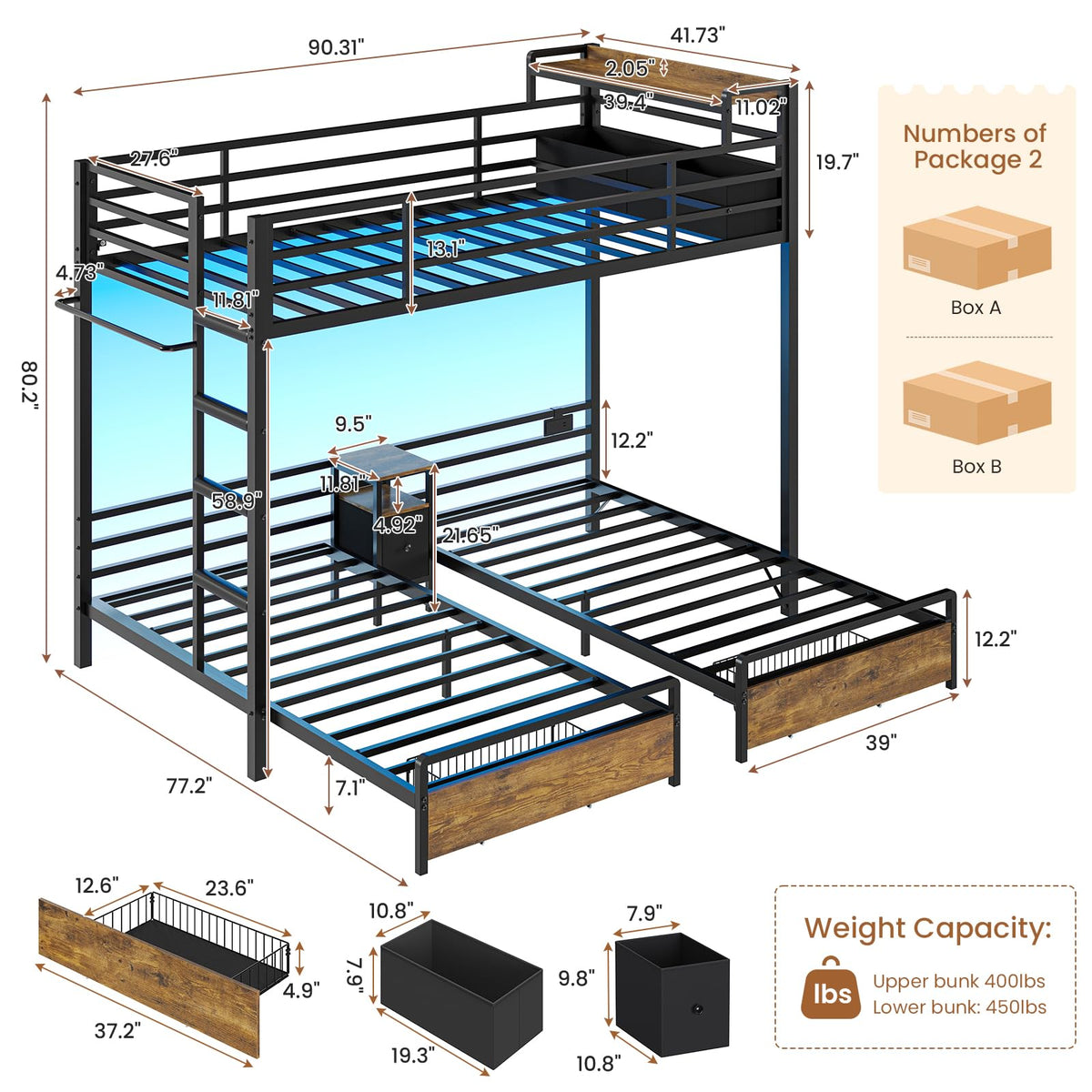 Black Twin Over Twin Triple Bunk Bed with Storage Drawers P4631