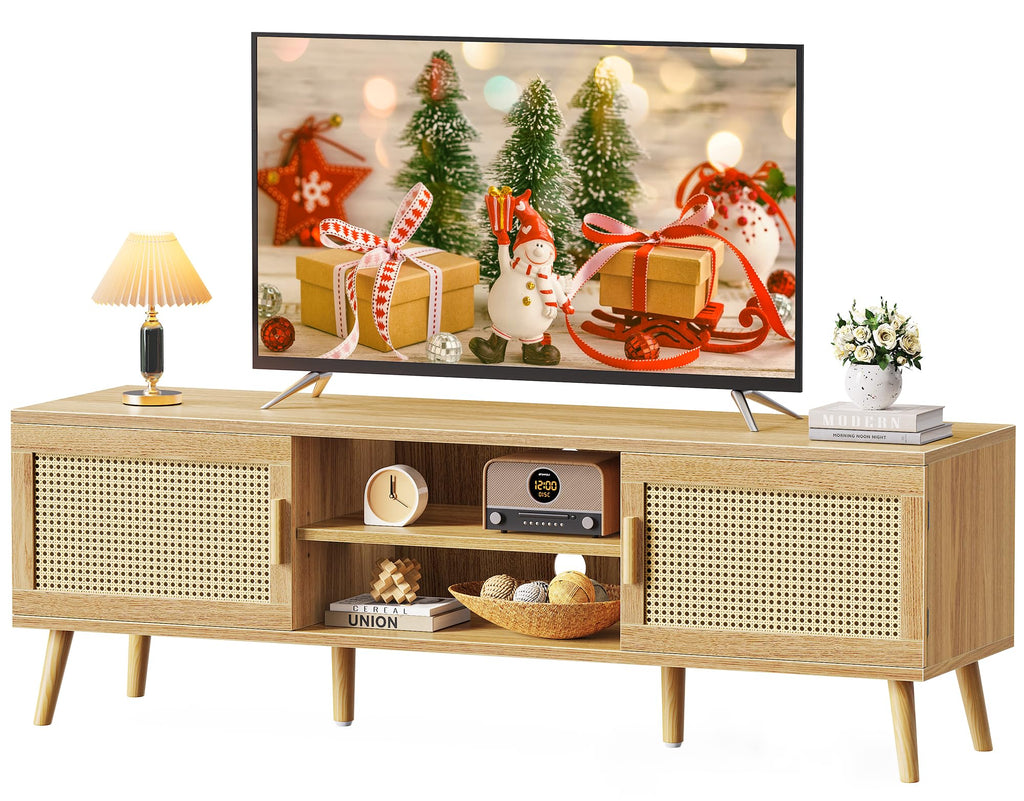 65 Inch Rattan TV Stand with Adjustable Shelf and 2 Cabinets K13081