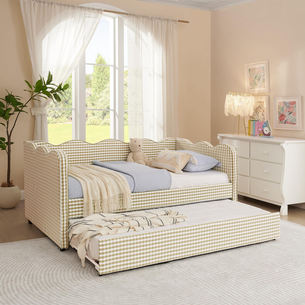 Twin Size Gingham Daybed with Trundle and USB Ports J85719