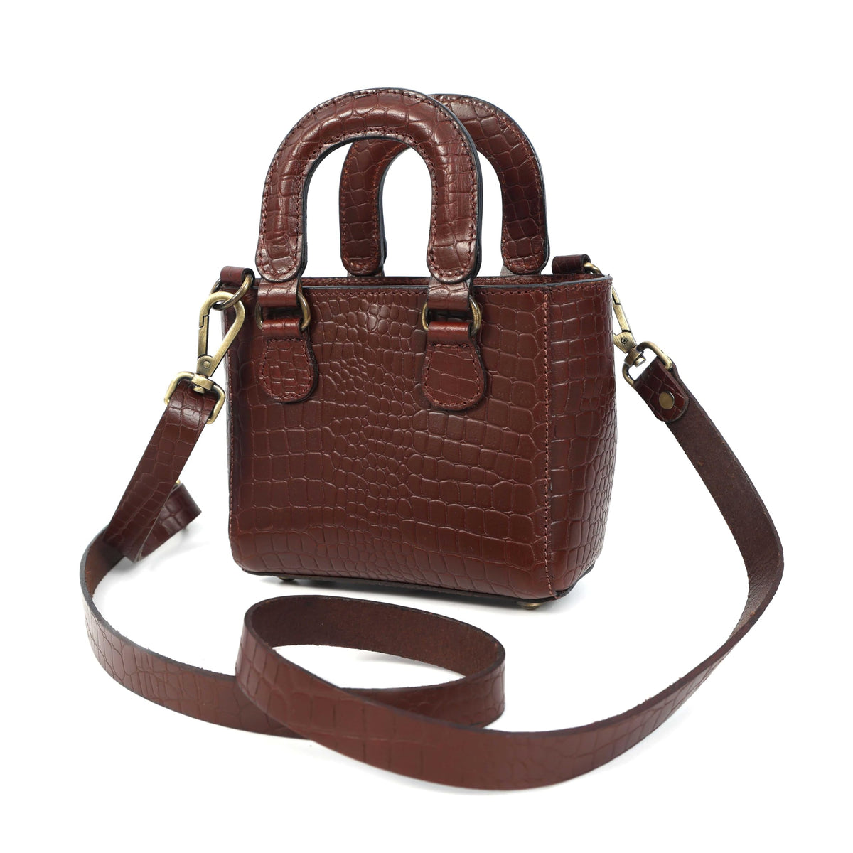 Tan Croc-Embossed Leather Mini Tote Crossbody Bag O7953