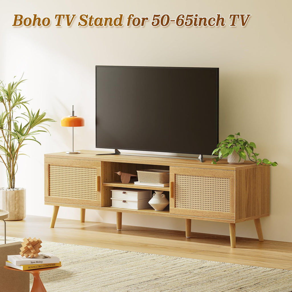 65 Inch Rattan TV Stand with Adjustable Shelf and 2 Cabinets K13081