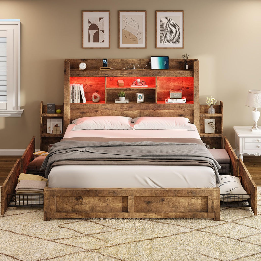 Full Bed Frame with Bookcase Headboard & Storage E641