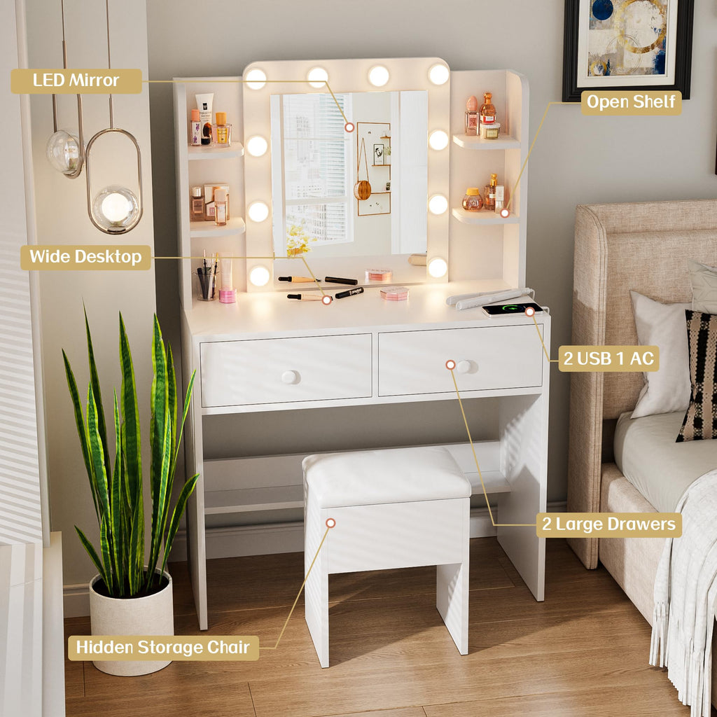 White Vanity Desk with Lighted Mirror and Chair X9113