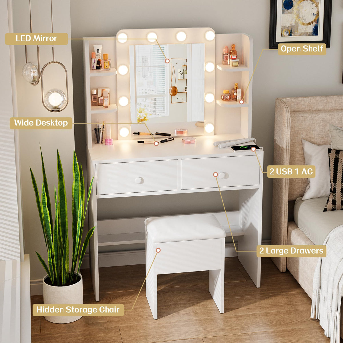 White Vanity Desk with Lighted Mirror and Chair X9113