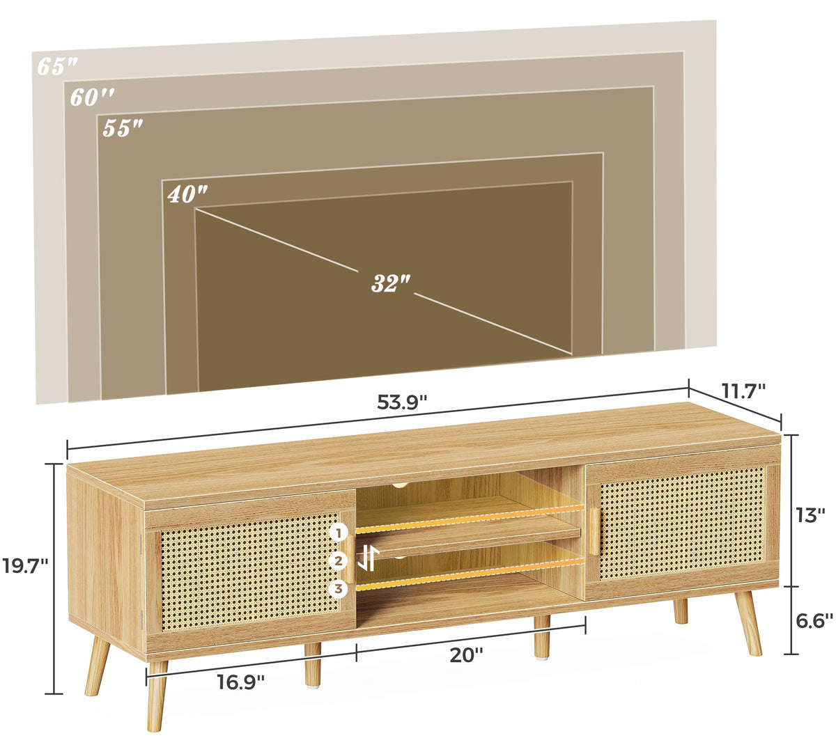 65 Inch Rattan TV Stand with Adjustable Shelf and 2 Cabinets K13081