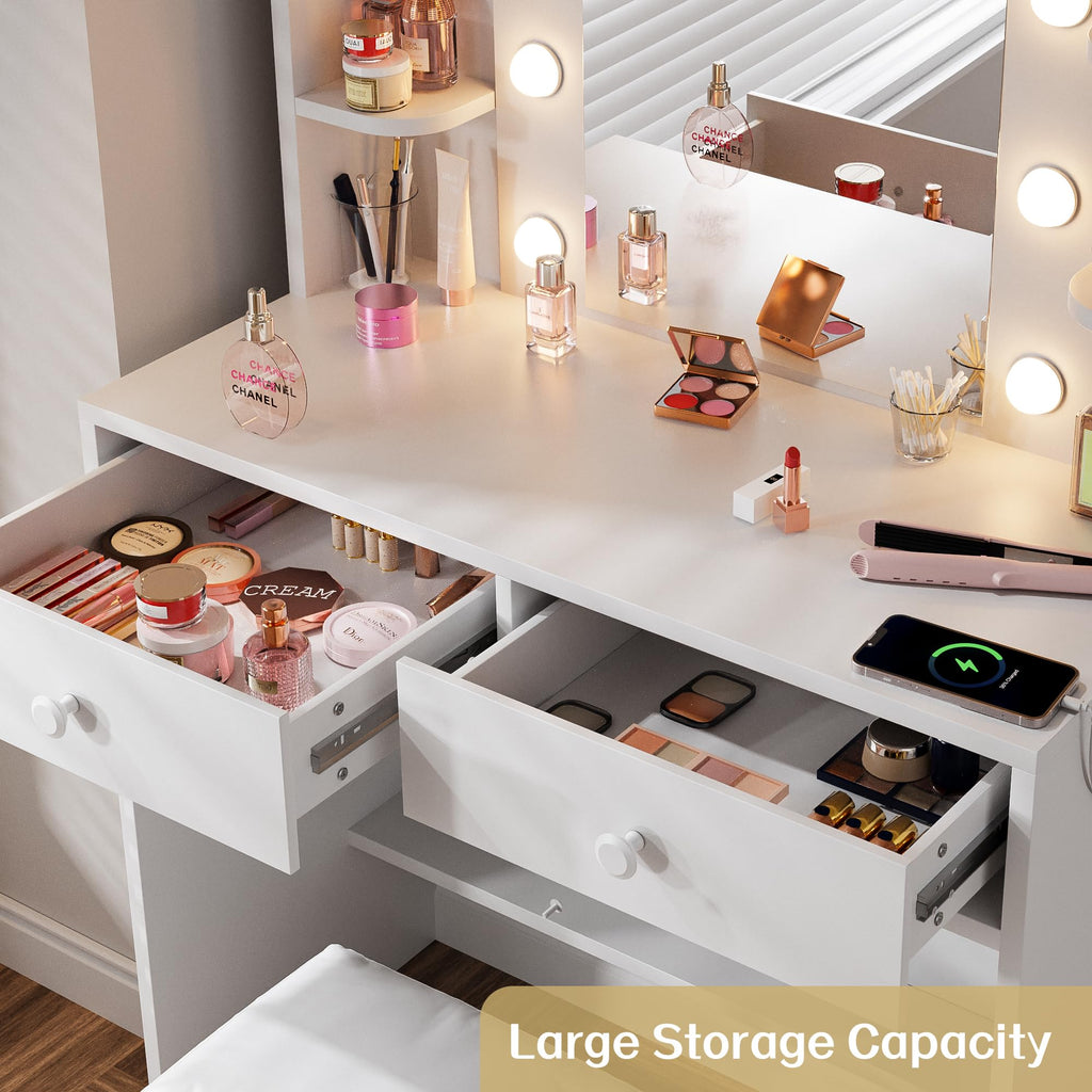 White Vanity Desk with Lighted Mirror and Chair X9113
