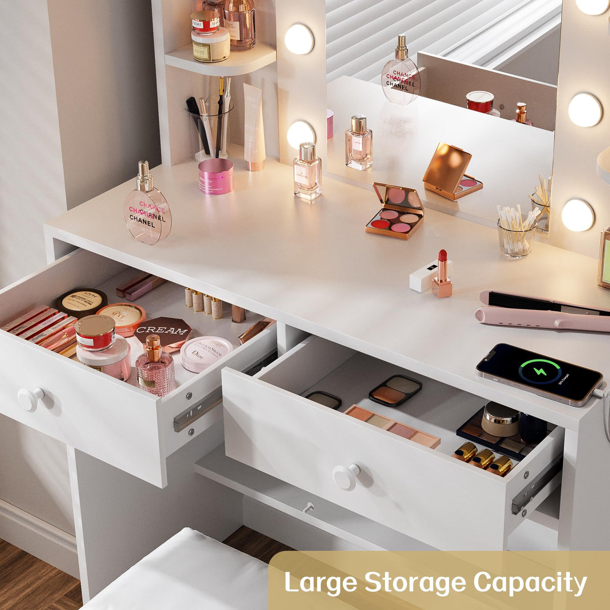 White Vanity Desk with Lighted Mirror and Chair X9113