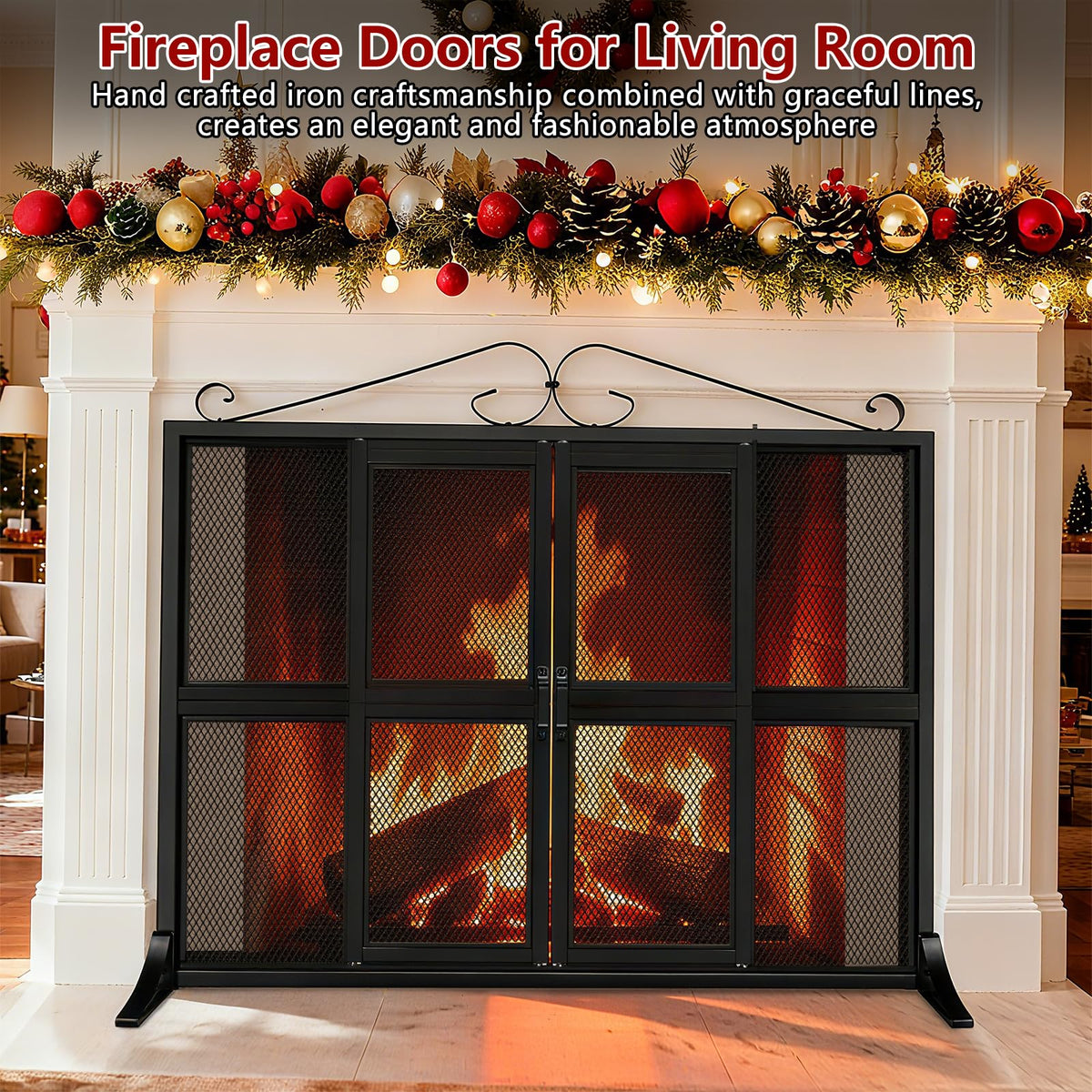 Hand-Forged Iron Fireplace Screen with Sliding Doors W2711