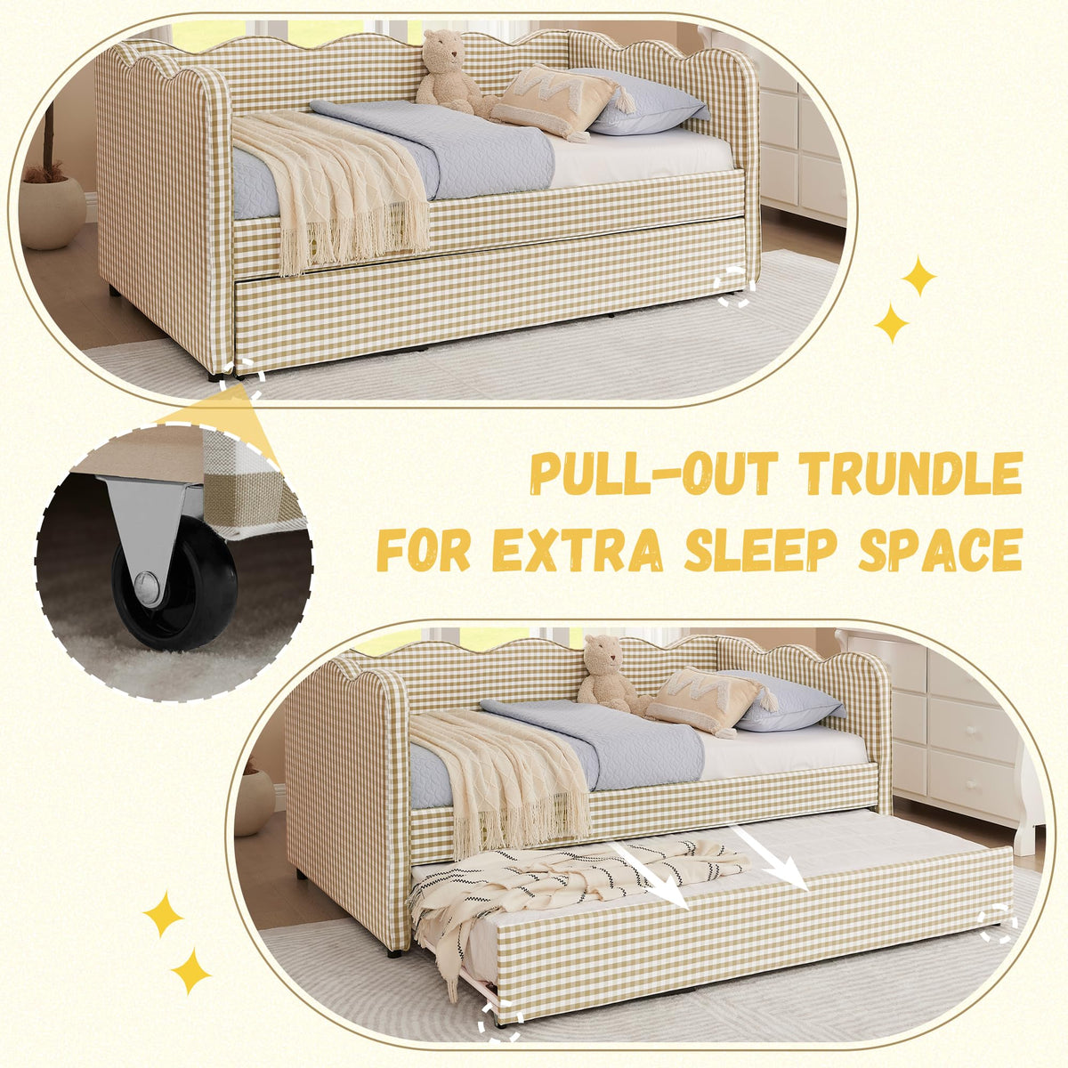 Twin Size Gingham Daybed with Trundle and USB Ports J85719