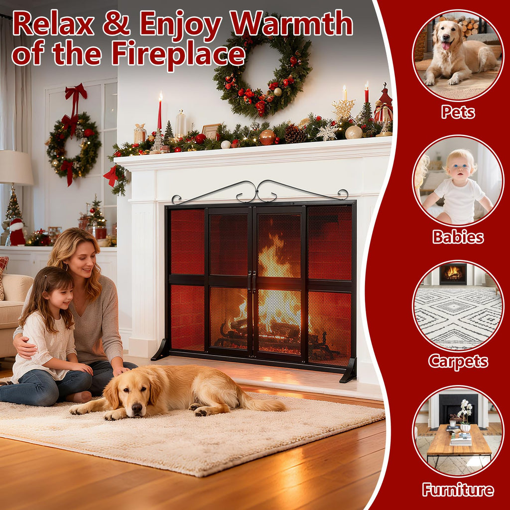 Hand-Forged Iron Fireplace Screen with Sliding Doors W2711