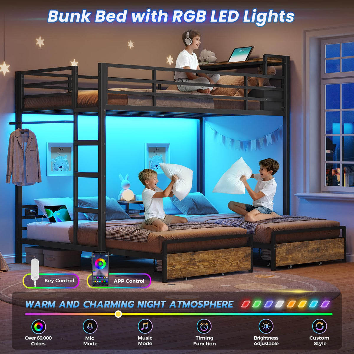 Black Twin Over Twin Triple Bunk Bed with Storage Drawers P4631
