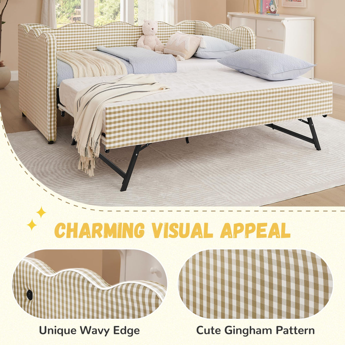 Twin Size Gingham Daybed with Trundle and USB Ports J85719