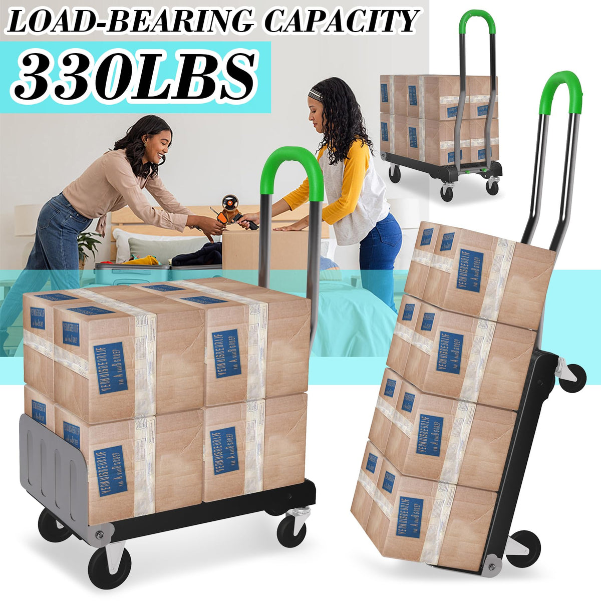2-in-1 Convertible Hand Truck Dolly, 330LBS Capacity, Foldable Black & Dill Green F504
