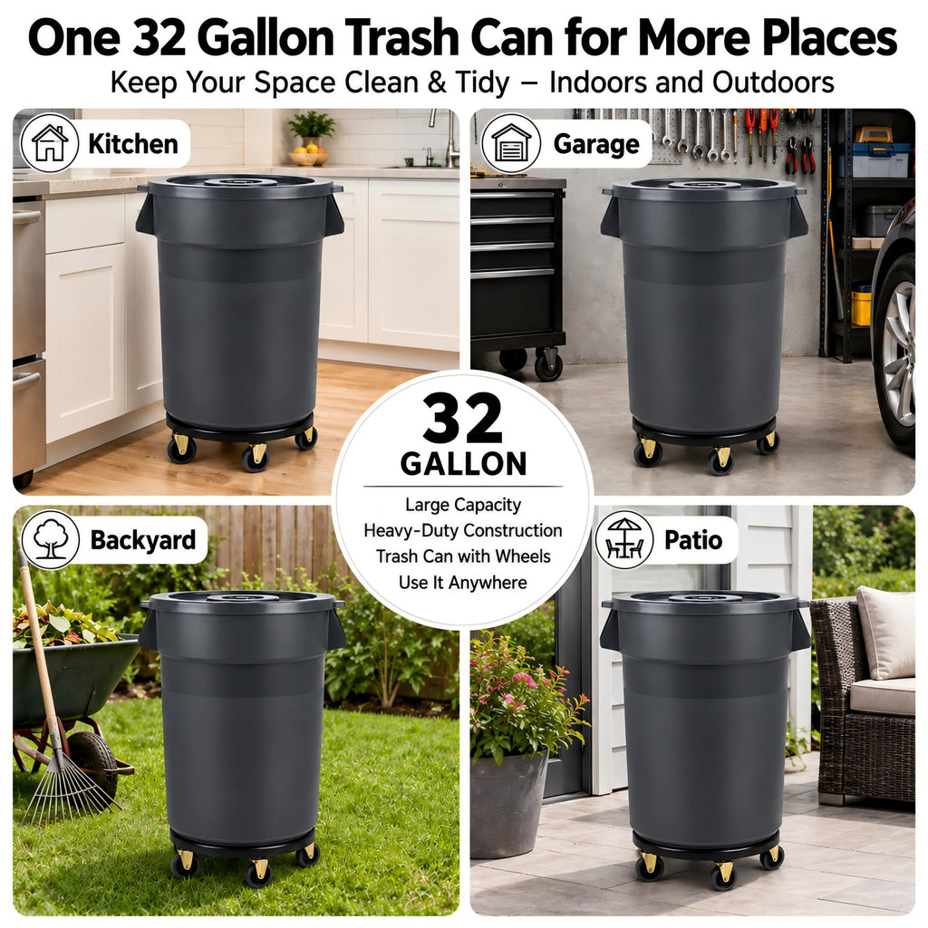 32 Gallon Trash Can with Wheels and Lid, 2 Pack B6665