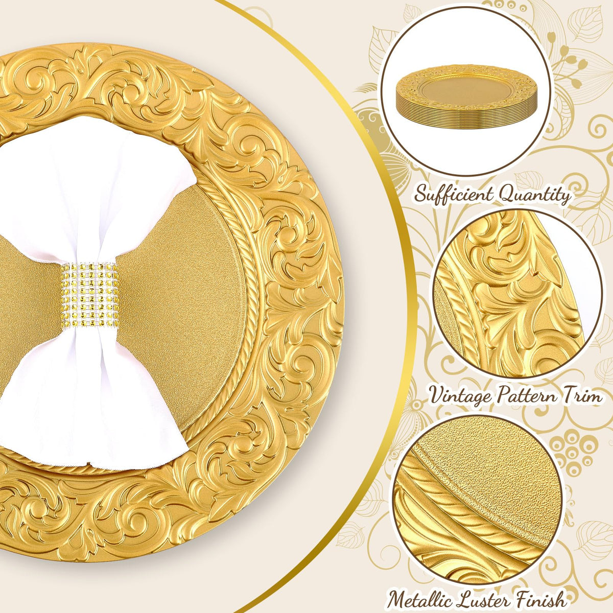Gold 12 Pcs 13'' Antique Plastic Charger Plates O5690