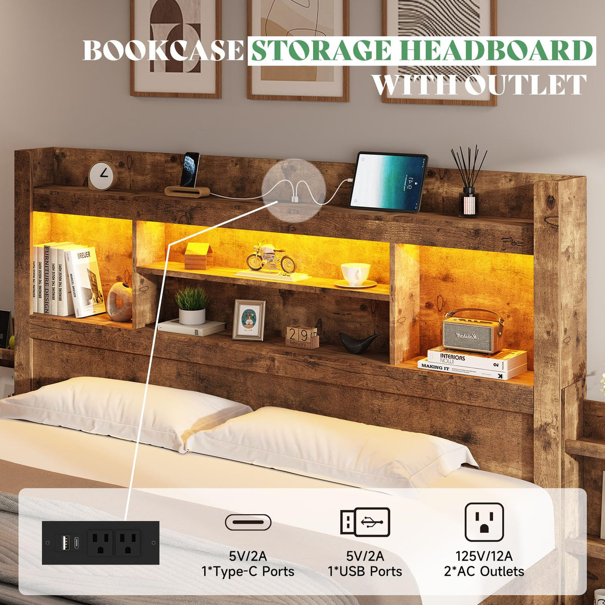 Full Bed Frame with Bookcase Headboard & Storage E641