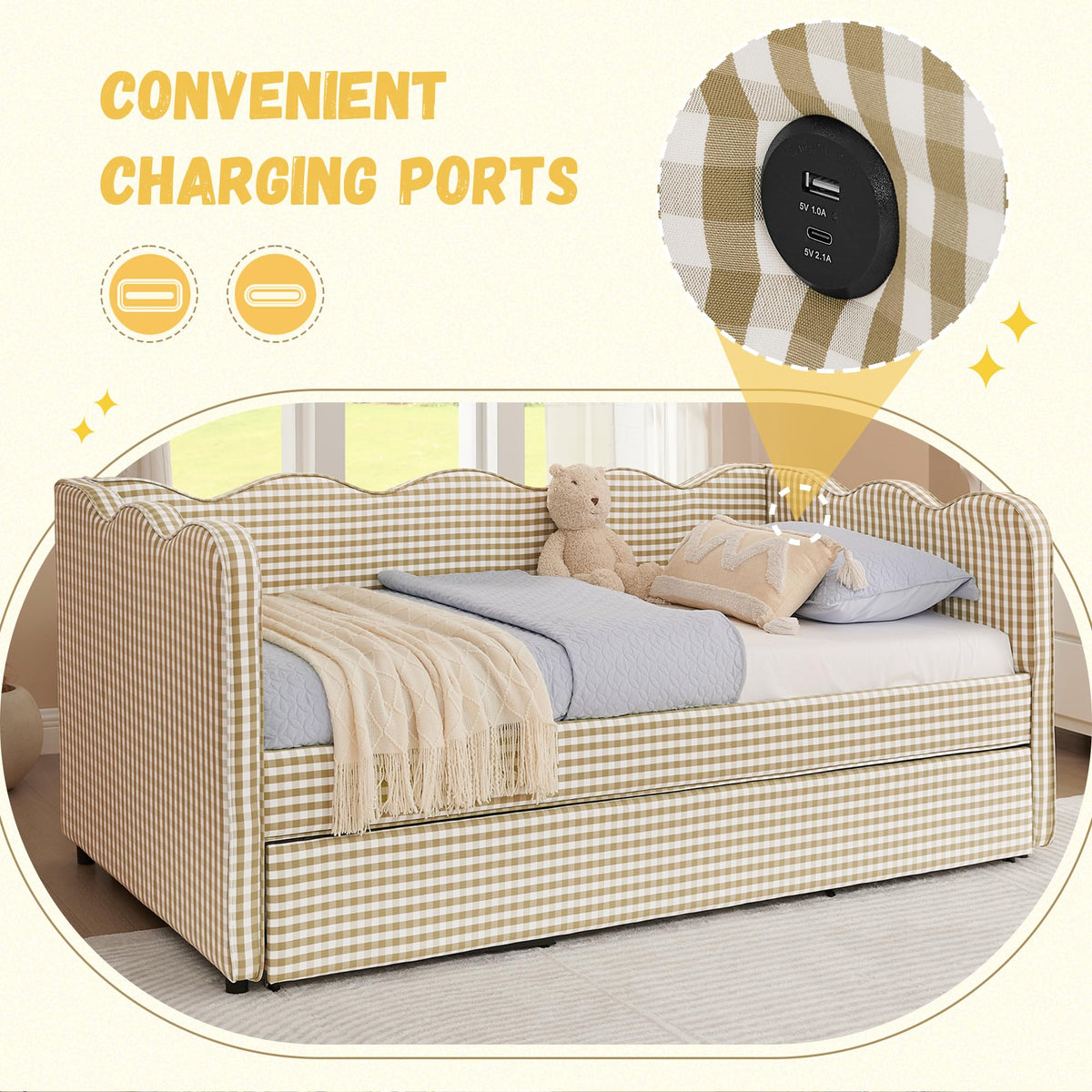 Twin Size Gingham Daybed with Trundle and USB Ports J85719