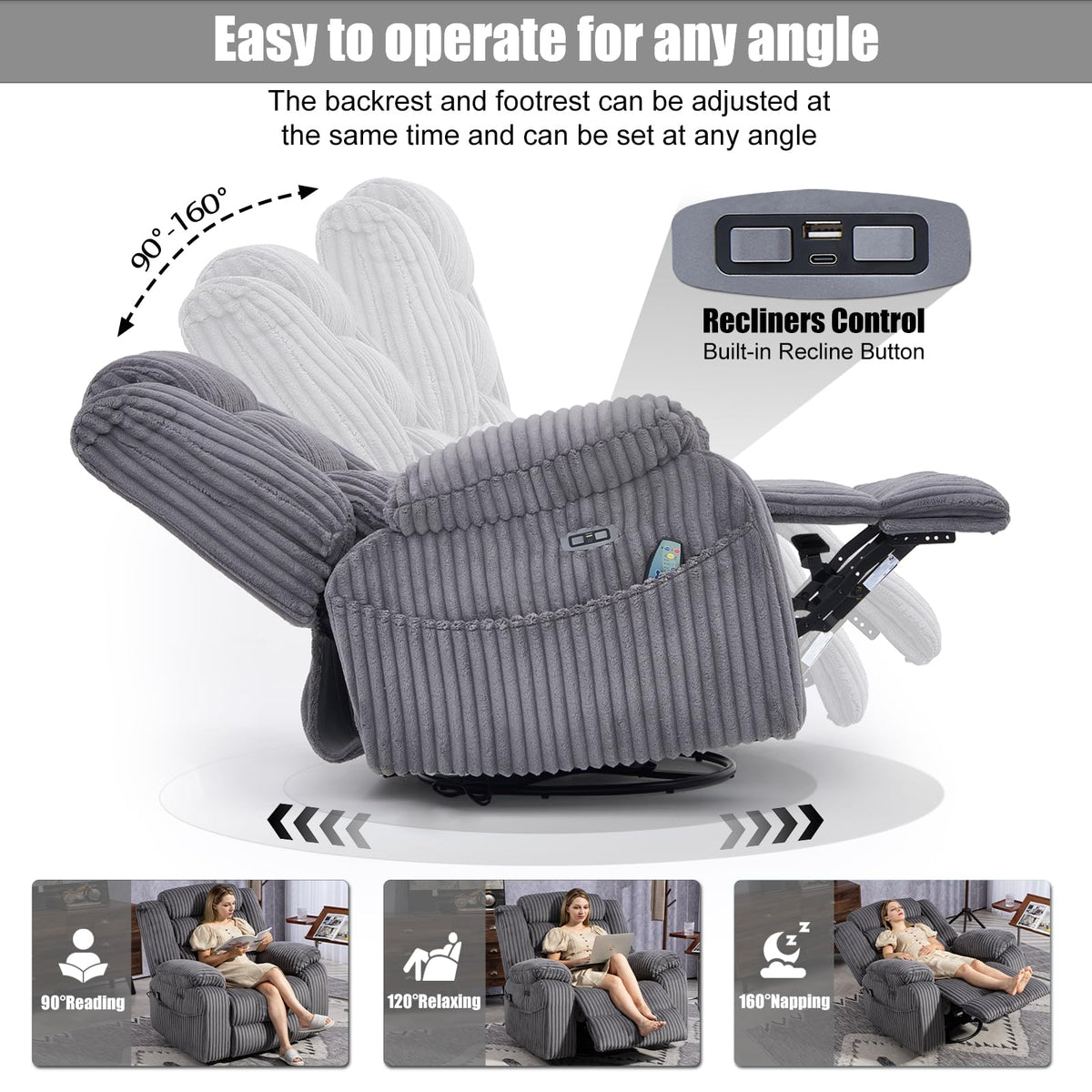 Power Swivel Rocker Recliner Chair with Vibration & Heat G98904