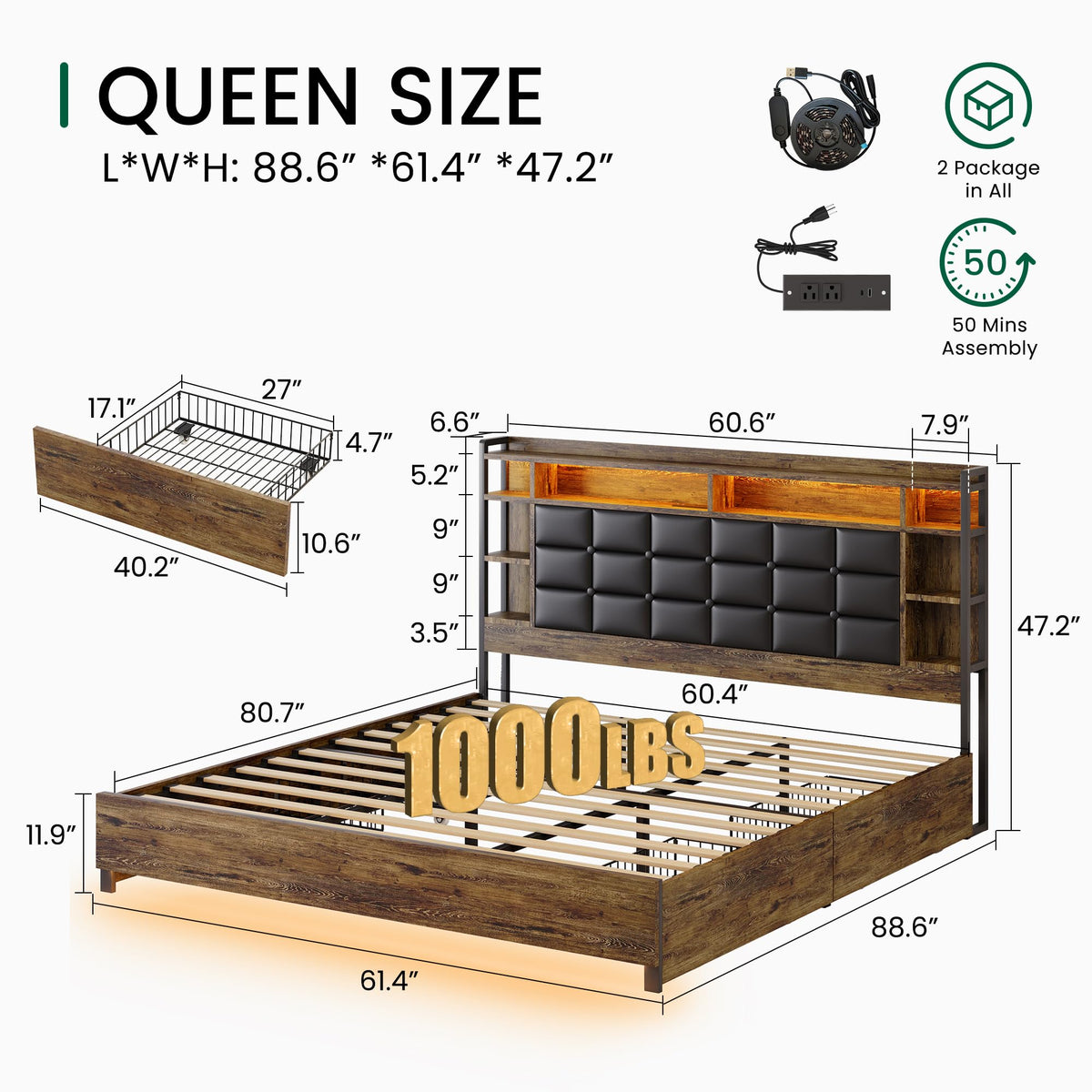 Queen Size Wooden Bed Frame with Storage Drawers K974701