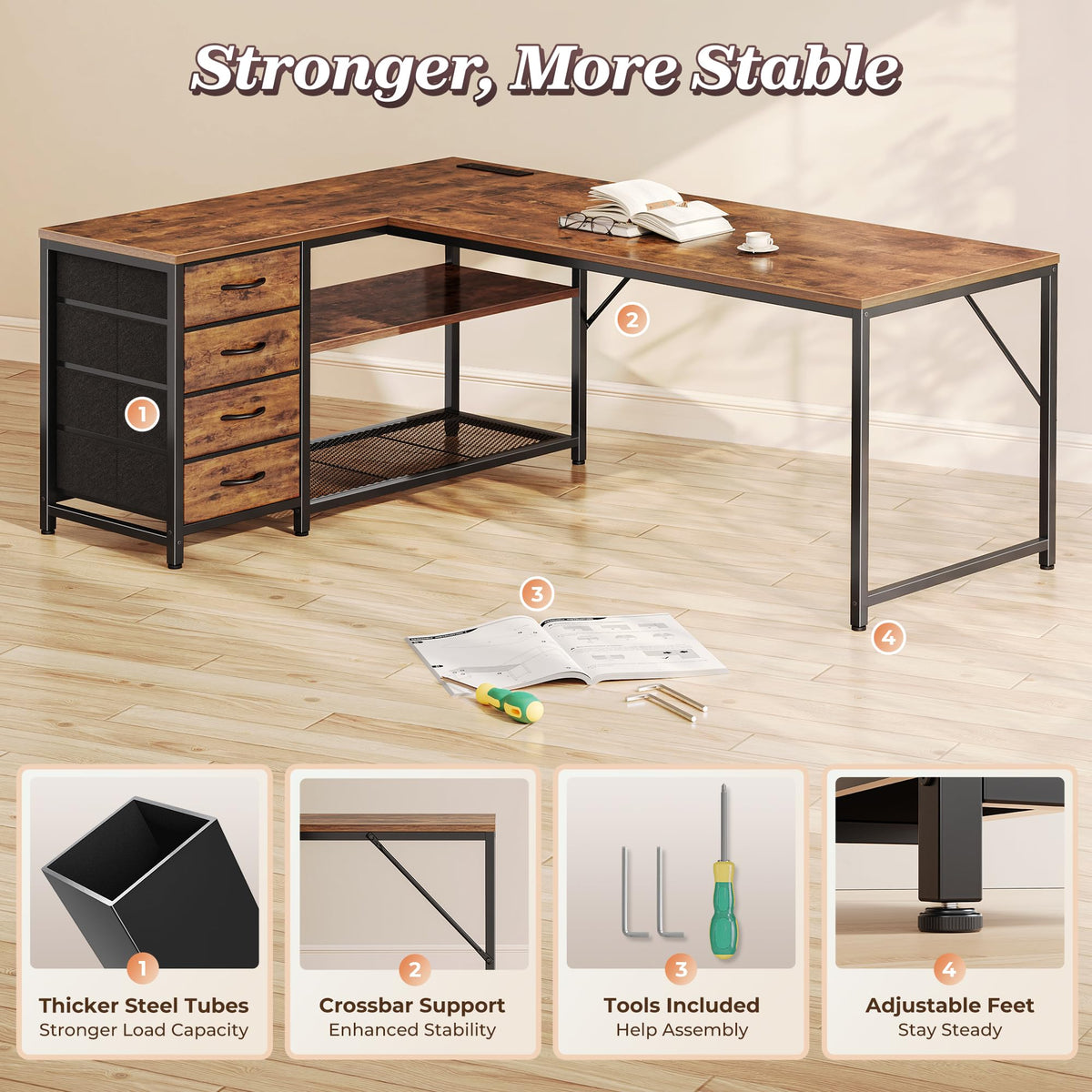 61" L Shaped Desk with Power Outlets & 4 Drawers P6968