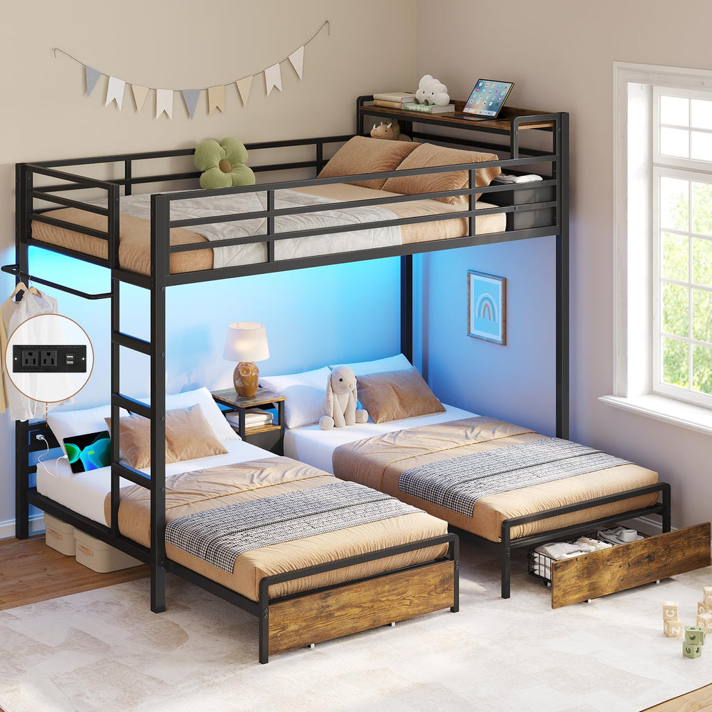 Black Twin Over Twin Triple Bunk Bed with Storage Drawers P4631