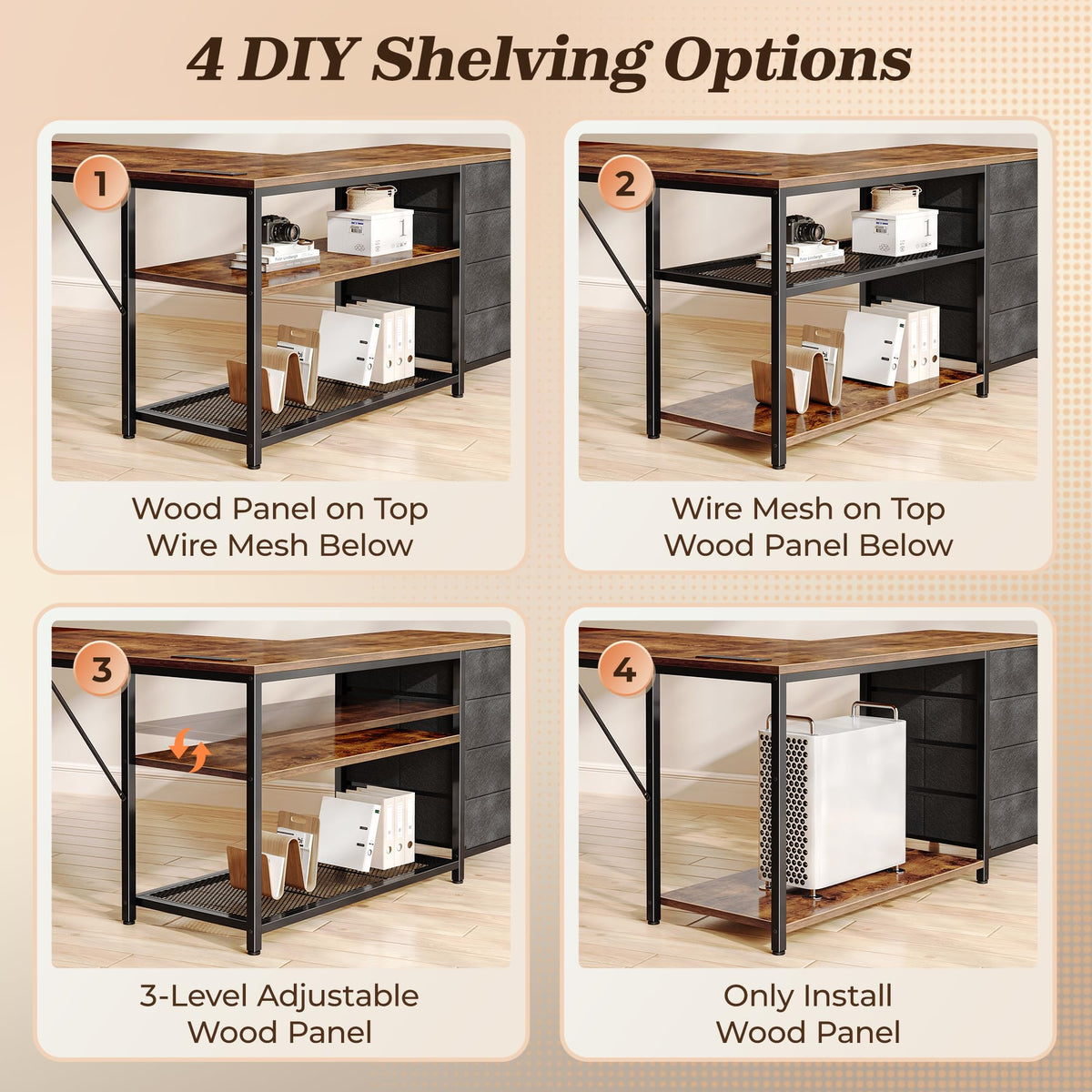 61" L Shaped Desk with Power Outlets & 4 Drawers P6968