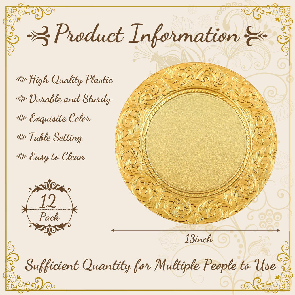 Gold 12 Pcs 13'' Antique Plastic Charger Plates O5690
