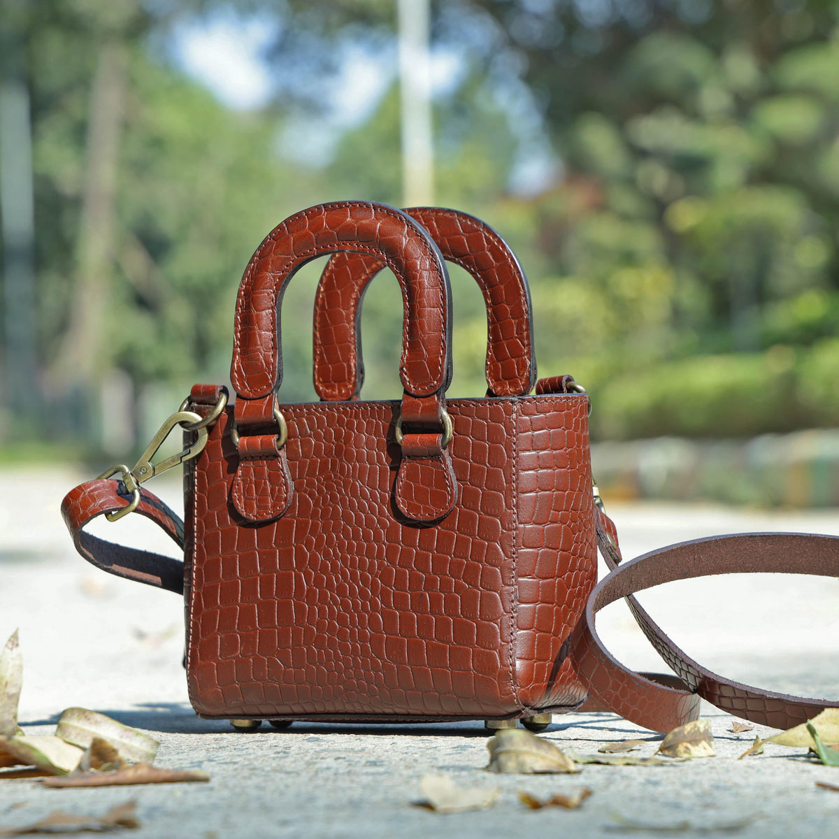 Tan Croc-Embossed Leather Mini Tote Crossbody Bag O7953