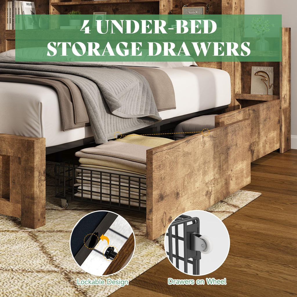 Full Bed Frame with Bookcase Headboard & Storage E641